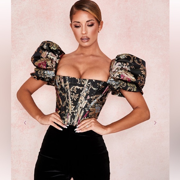 House of CB Tops - House of CB ISABELLA Brocade Jacquard Puff Sleeve Bustier